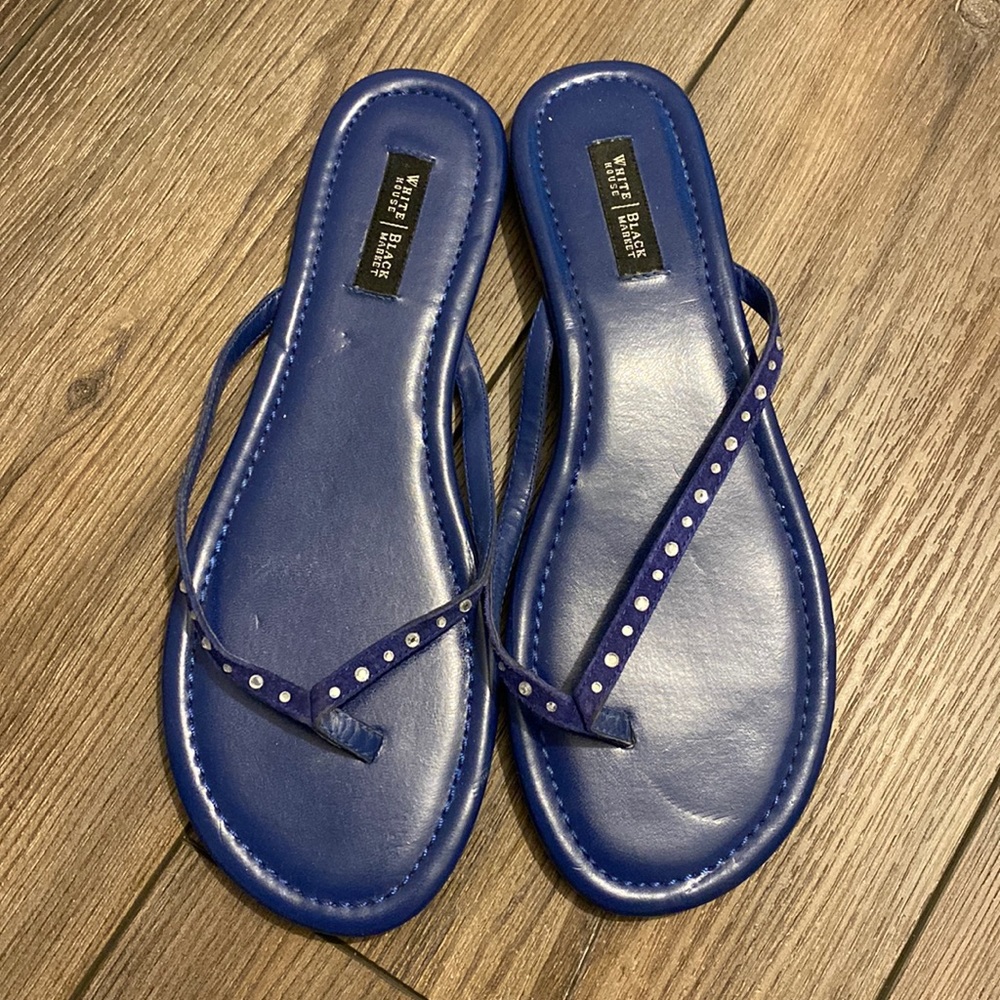 White House Black Market Blue with Rhinestone New Leathers Thong Flip Flop